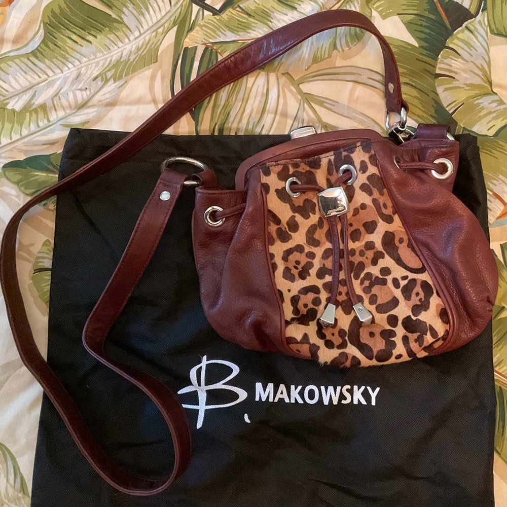 B. Makowsky Cheetah Print Leather Drawstring Kiss… - image 1